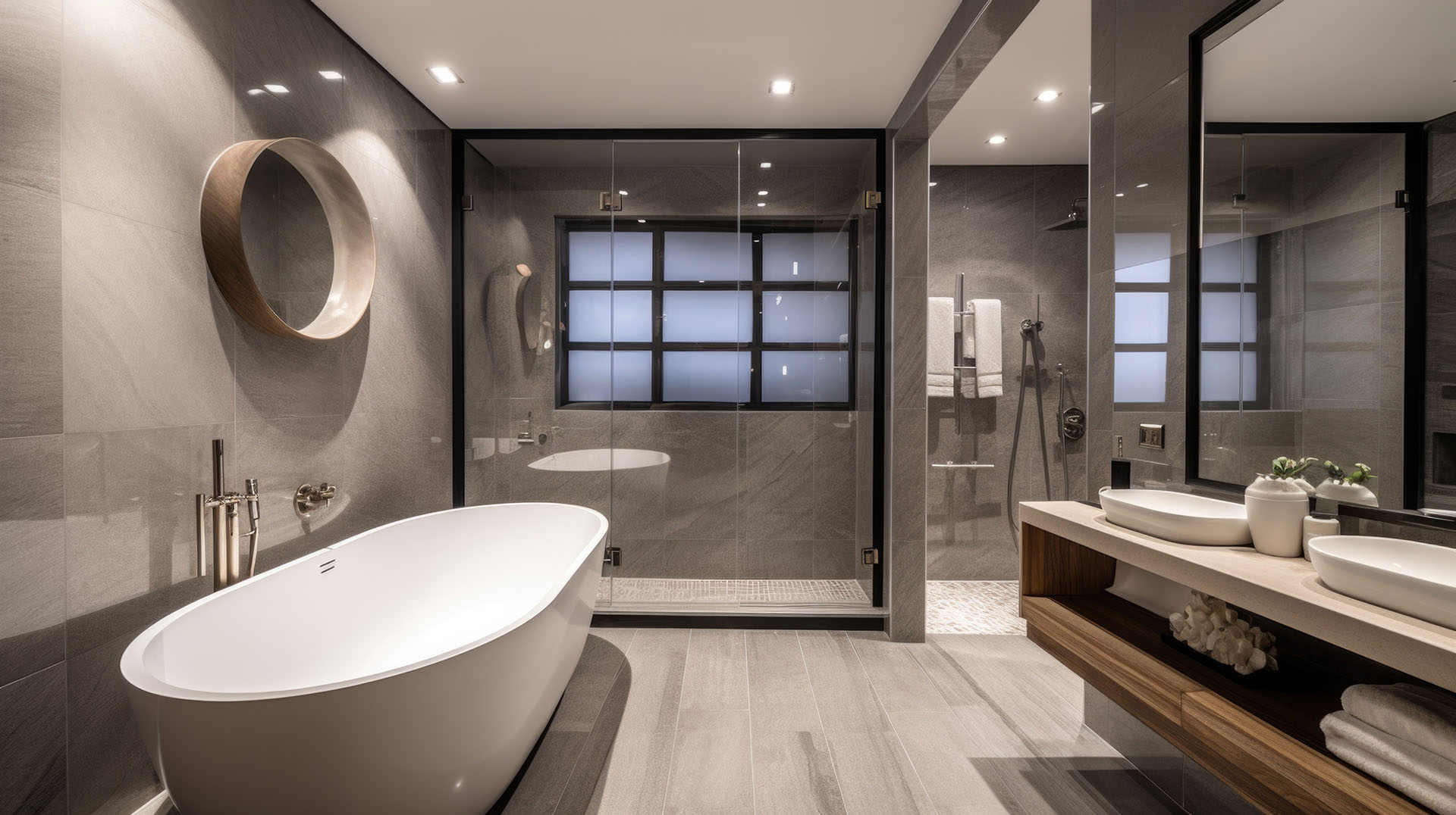 Interior design of Bathroom in Contemporary style with Freestanding Bathtub decorated with Marble, Glass, Wood, Metal, Porcelain material. Minimalist architecture.