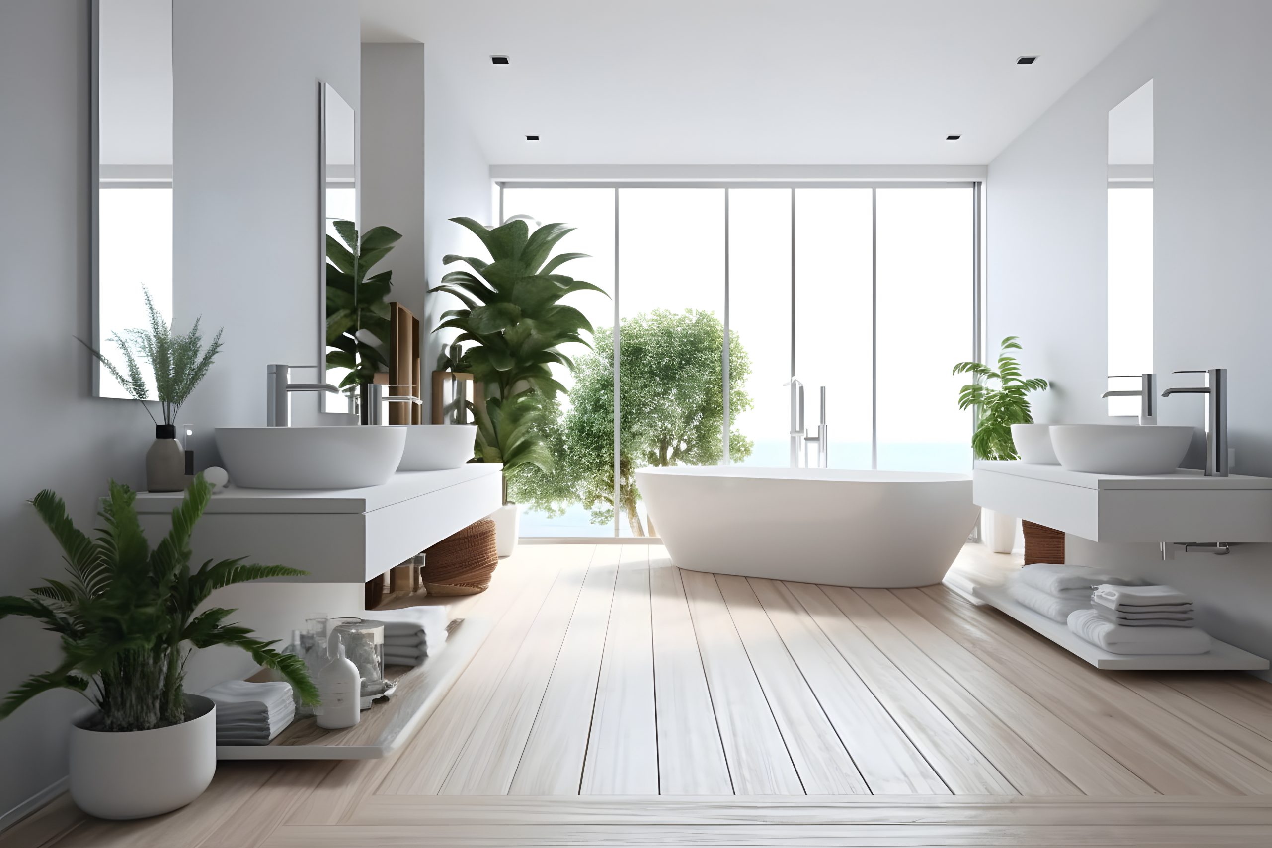 Modern gray bathroom with bathtub, double sink, large windows, and hardwood floors