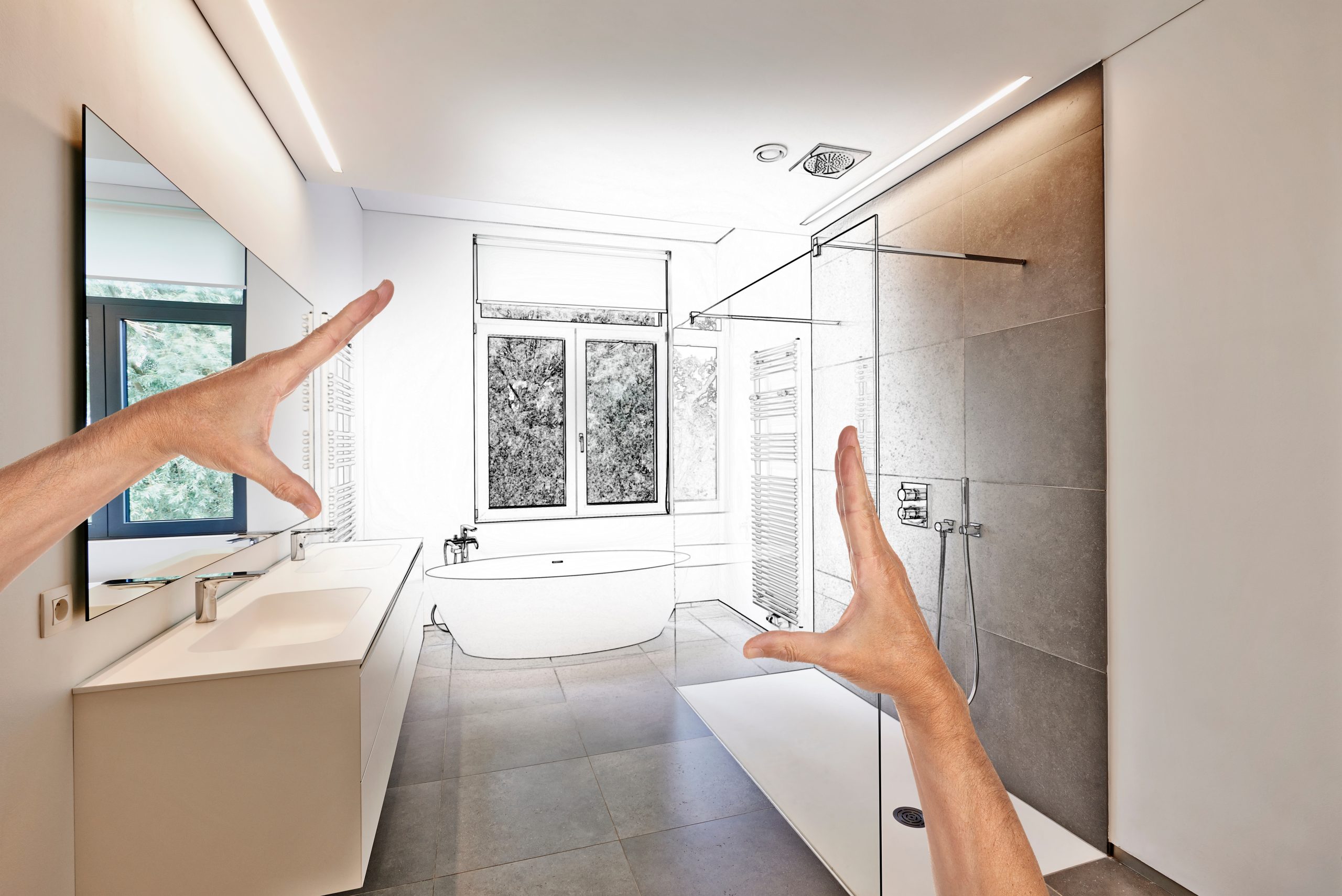 Planned renovation of a Luxury modern bathroom, Bathtub in Corian, Faucet and shower in tiled bathroom with windows towards garden