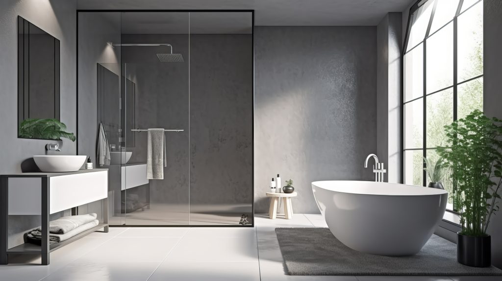 Modern bathroom decor featuring gray and white walls, a freestanding tub and separate shower area. Large windows beside the tub.