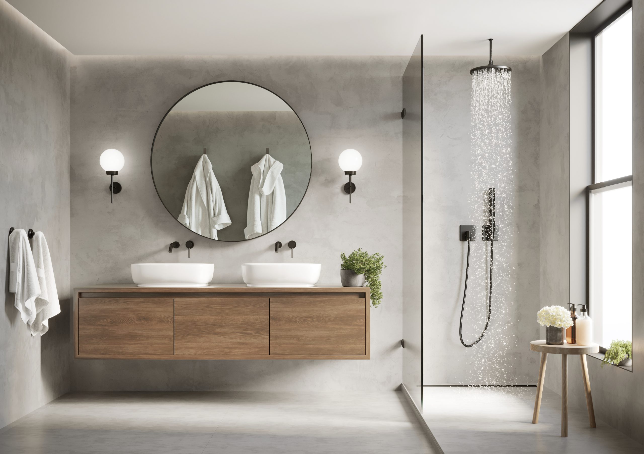 Modern contemporary grey concrete bathroom with round mirror