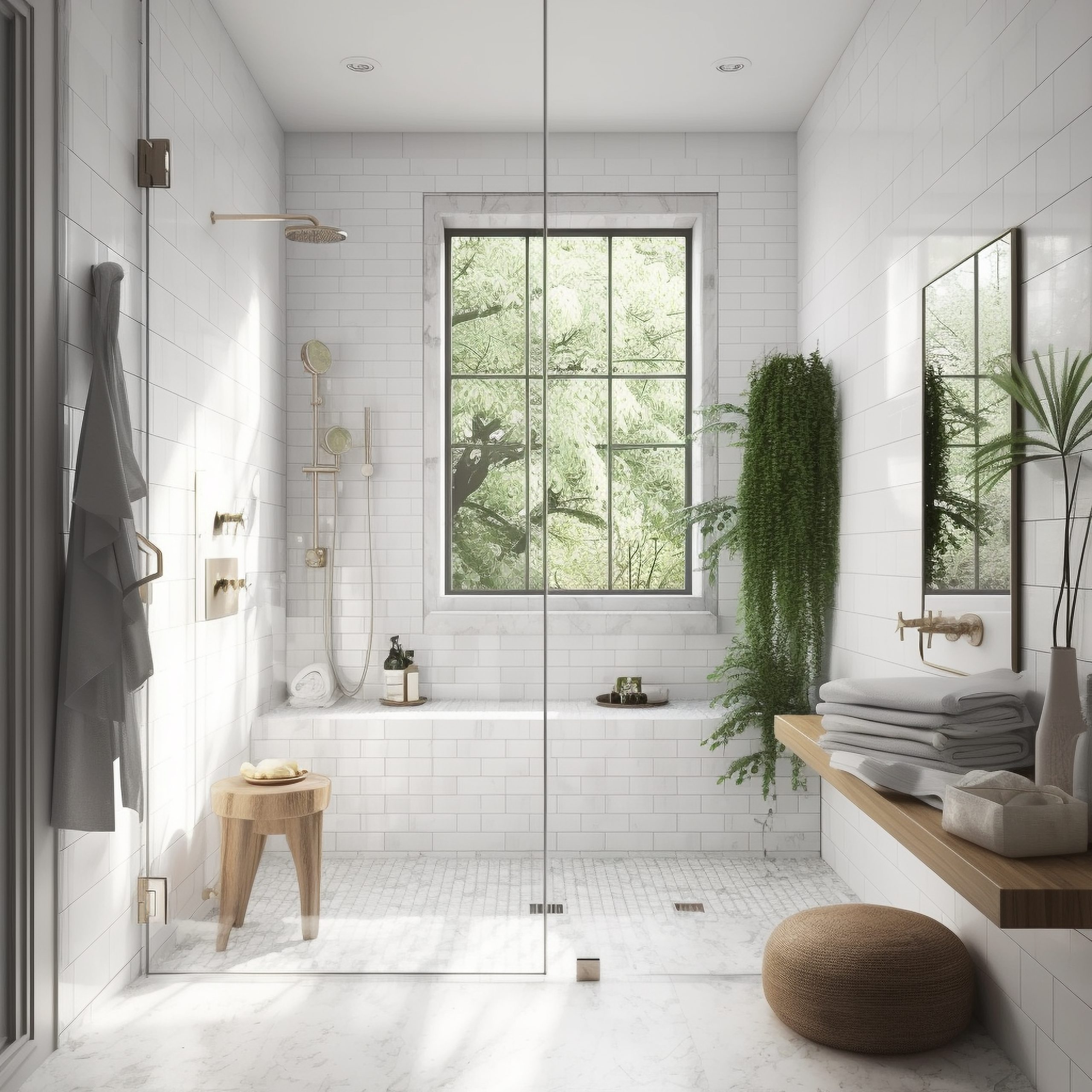 Marble vanity counter, shower bench in white subway tile and wall mounted vanity