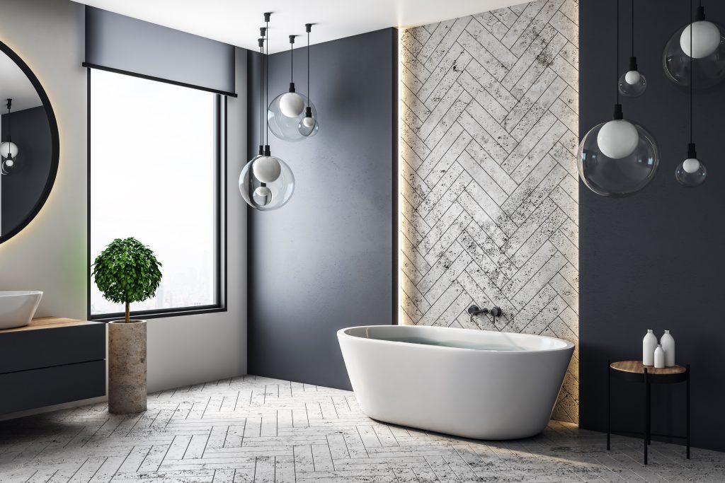 Contemporary bathroom interior with city view and copy space on wall.