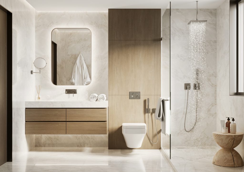 3d modern bathroom with wooden and white marble details
