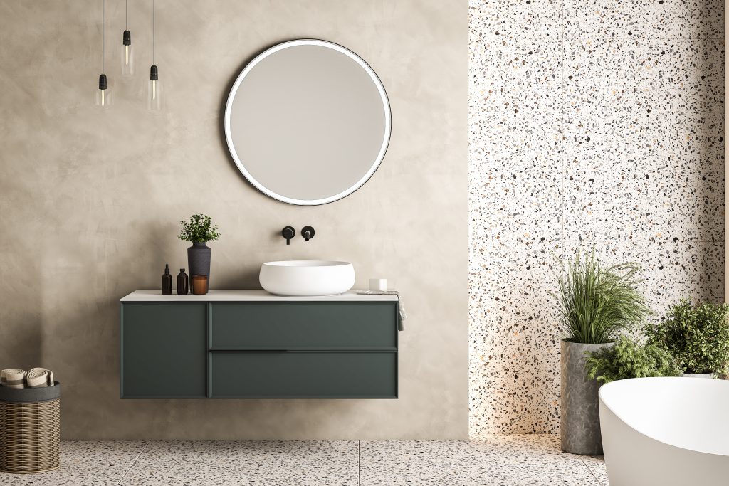 Modern minimalist bathroom interior, green bathroom cabinet, white sink, wooden vanity, interior plants, bathroom accessories, white bathtub, concrete wall, terrazzo flooring