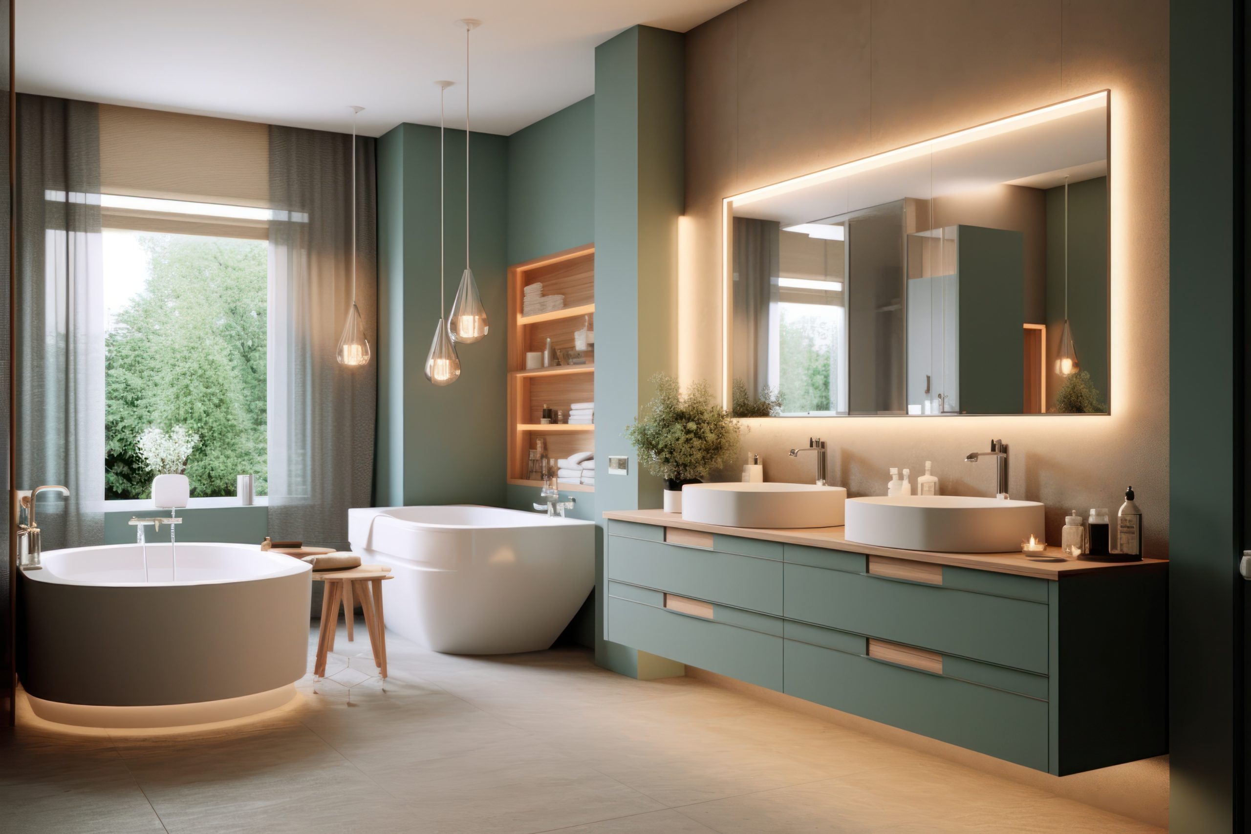luxury, modern bathroom with wood cabinet, walk-in shower with marble tiled walls, freestanding bathtub.