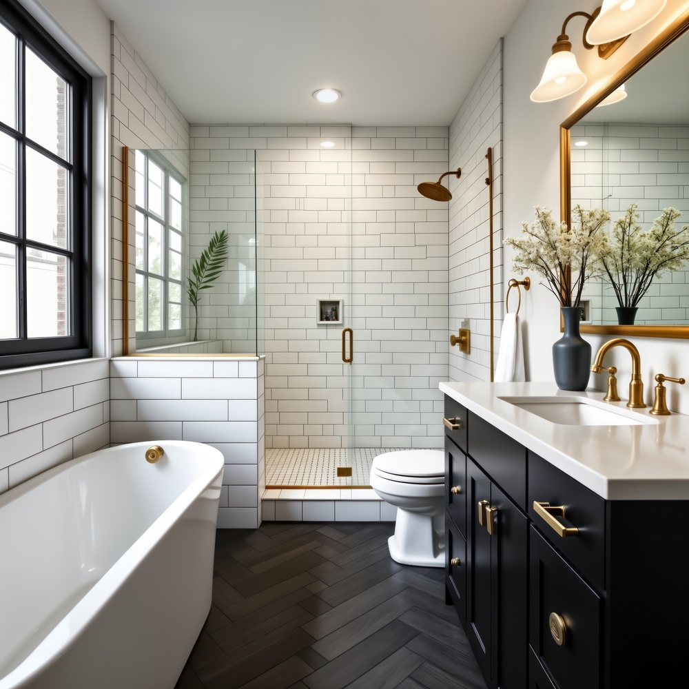Modern white, black bathroom with golden accents. White subway tiles line walls, floor. Glass shower enclosure. White bathtub, black vanity with white countertop. Golden fixtures, hardware add