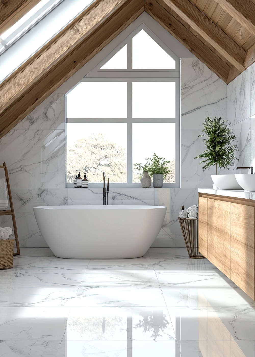 Modern white, black bathroom with golden accents. White subway tiles line walls, floor. Glass shower enclosure.